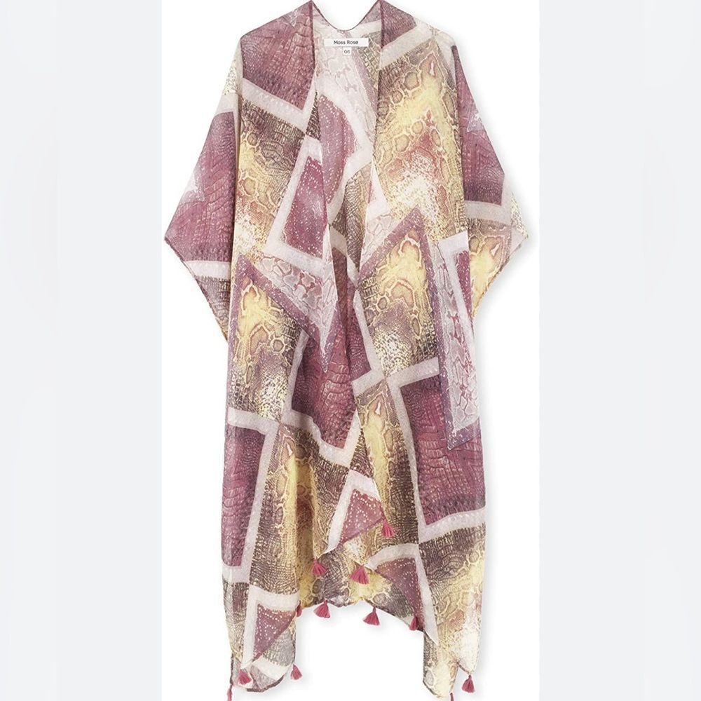 Cato Lightweight Purple & Yellow Snakeskin Tassel Kimono Cardigan One Size